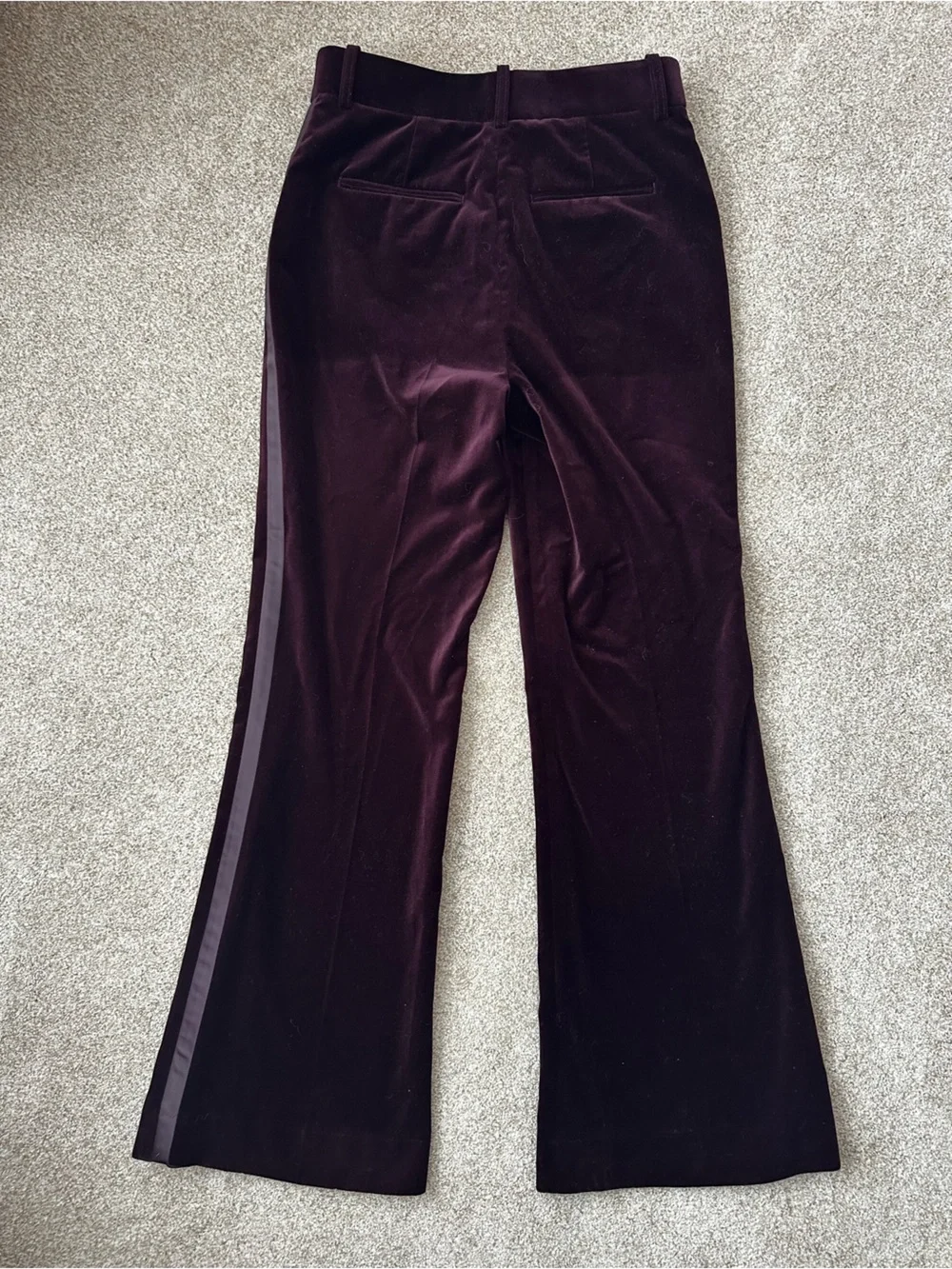 Reiss Elia Burgundy Velvet Satin Stripe Flared Wide Leg Trousers Size 4